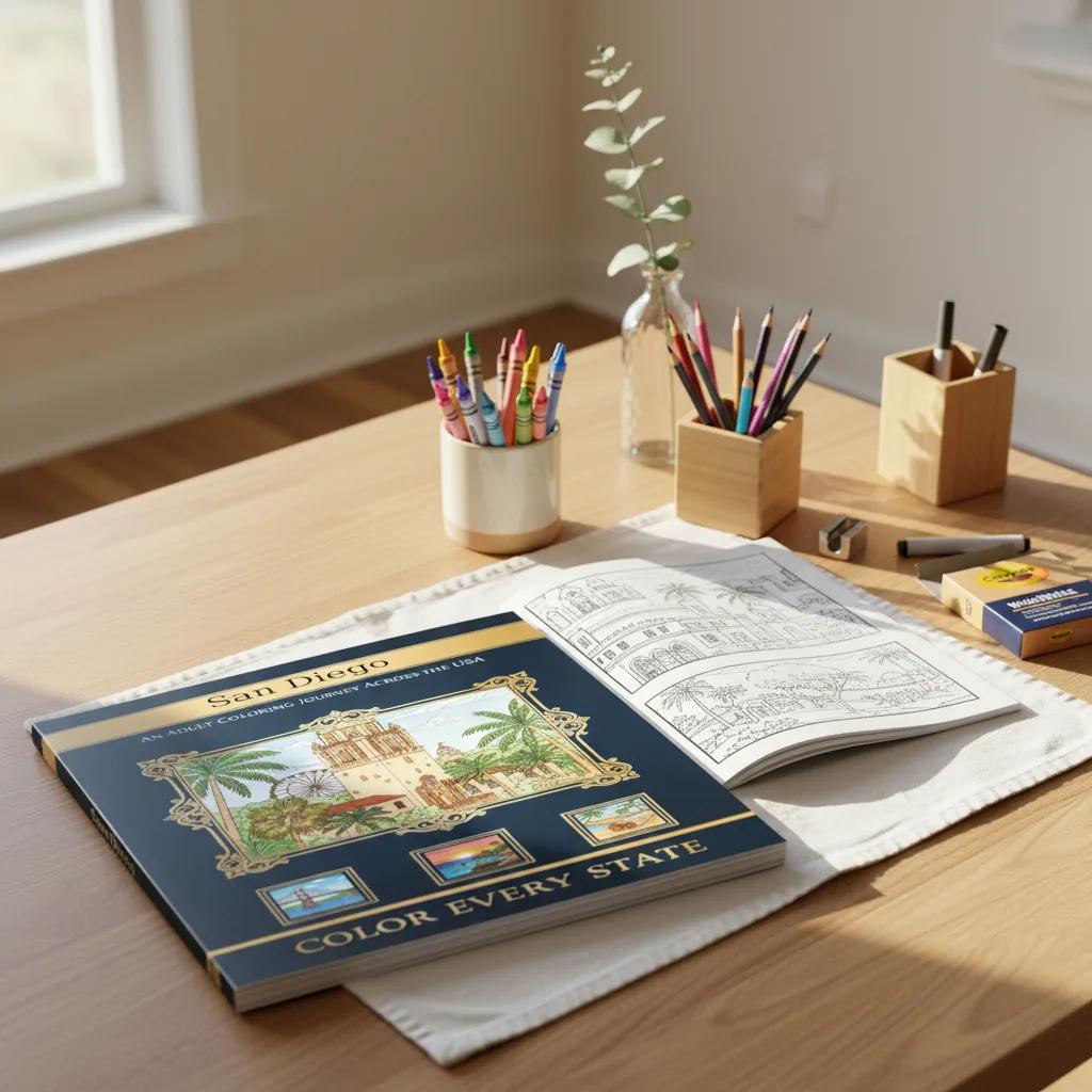 San Diego Landmarks: Adult Coloring Book - bookcase