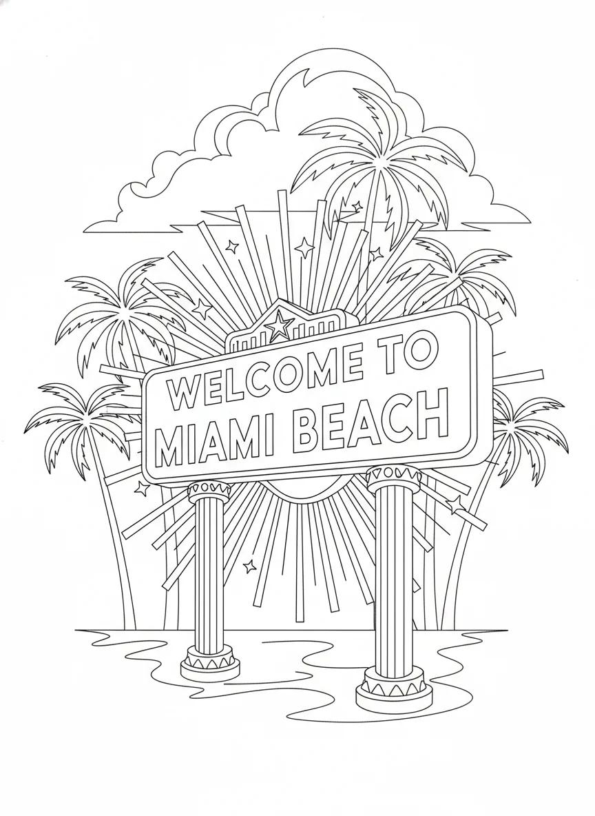 Miami Florida City & Beach Life: Adult Coloring Book - Page 1
