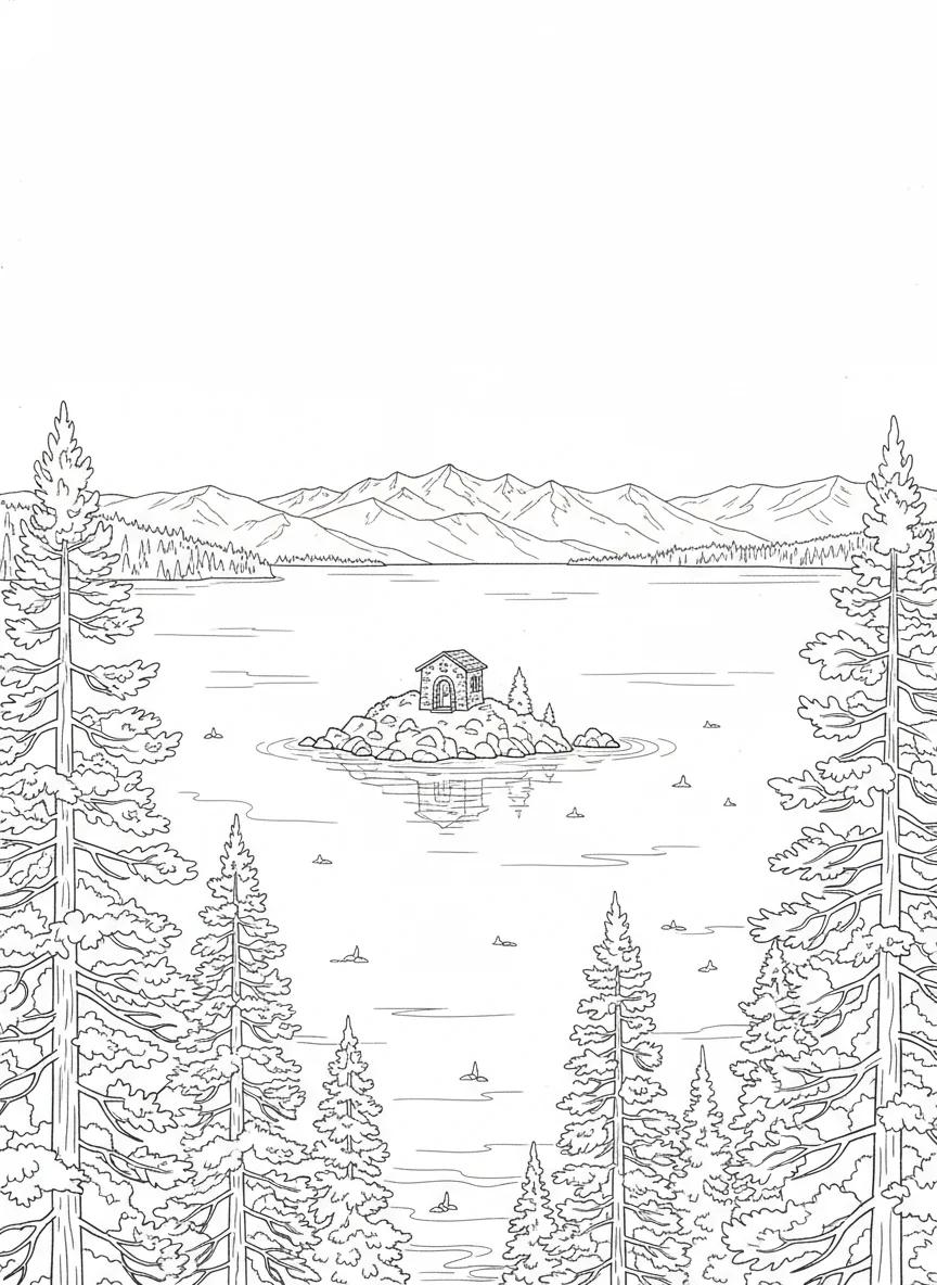 Lake Tahoe Landscapes and Nature: Adult Coloring Book - Page 1