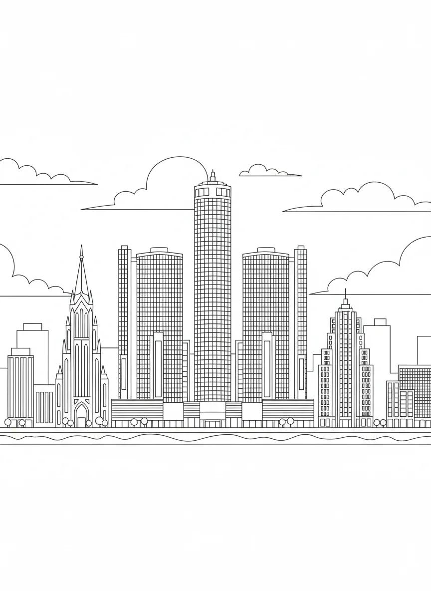 Detroit Cityscapes & Landmarks: Adult Coloring Book - Page 1