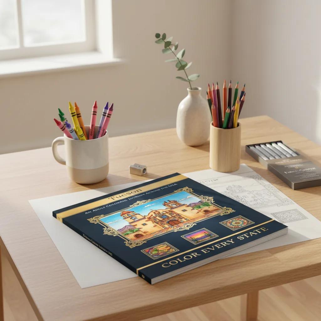 Tucson Arizona Desert Landscapes: Adult Coloring Book - bookcase