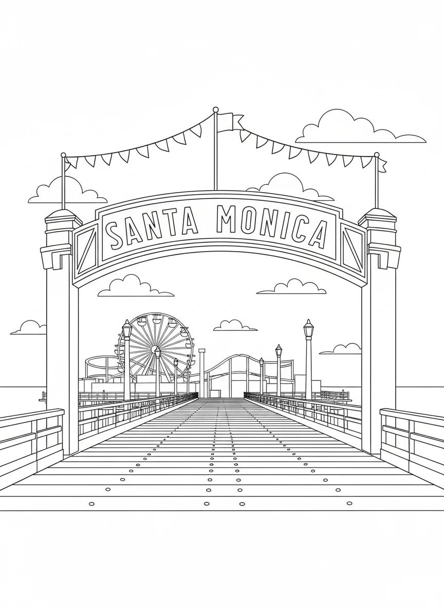 Santa Monica California Landmarks: Adult Coloring Book - Page 1