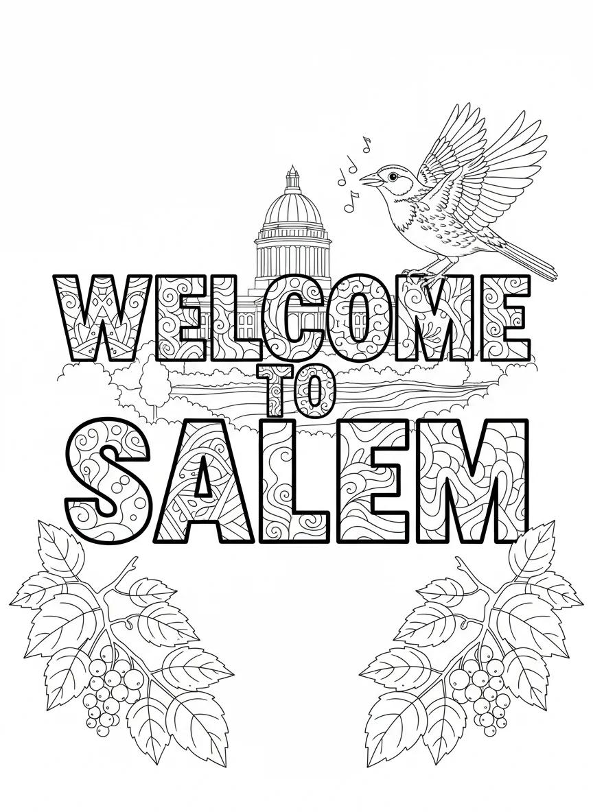 Salem Oregon Landmarks & Scenery: Adult Coloring Book - Page 1