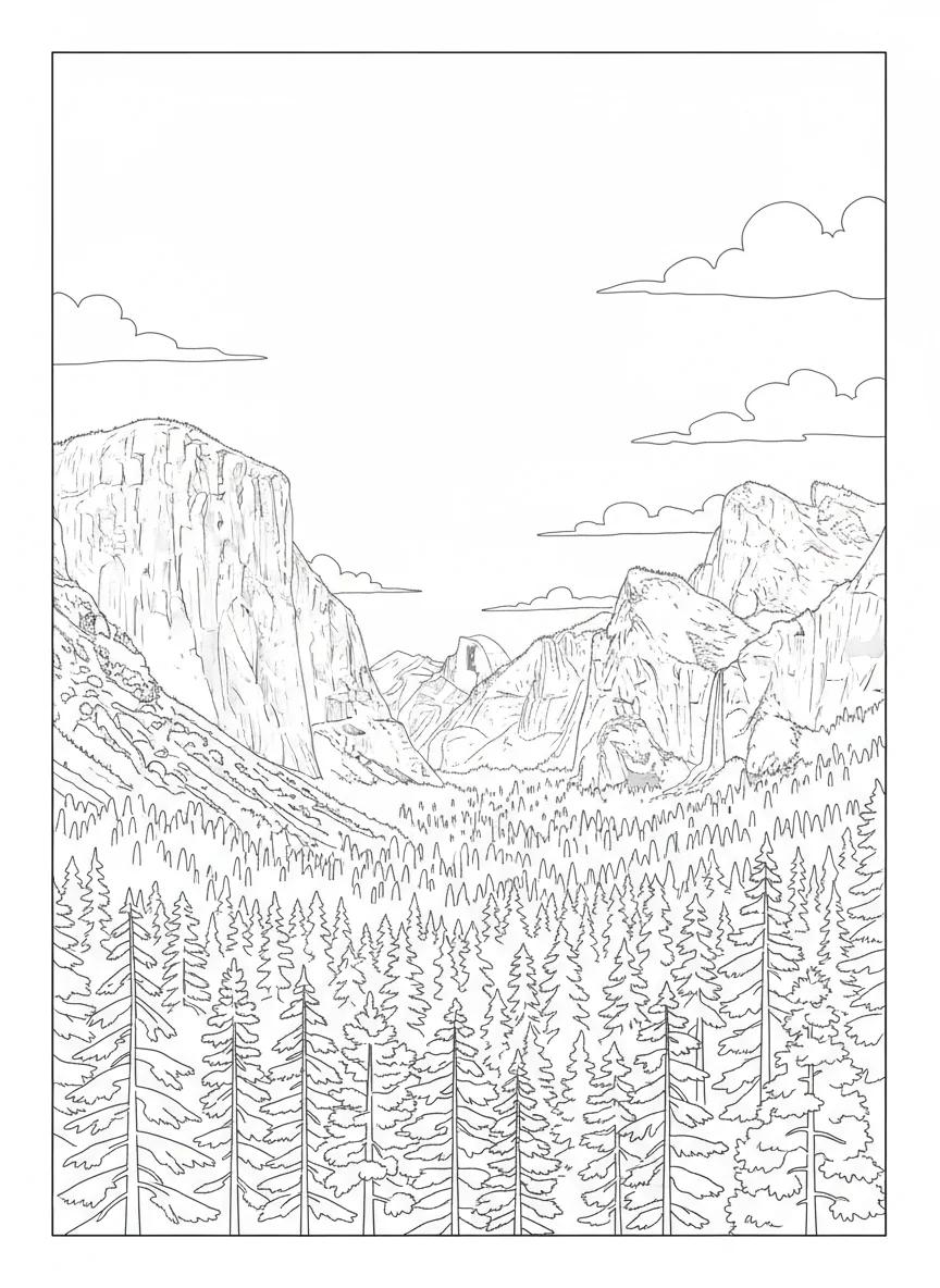 Yosemite National Park Landscapes: Adult Coloring Book - Page 1