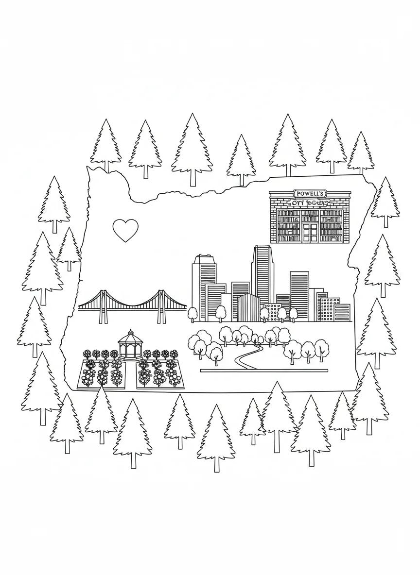 Portland Oregon Landmarks & Views: Adult Coloring Book - Page 1