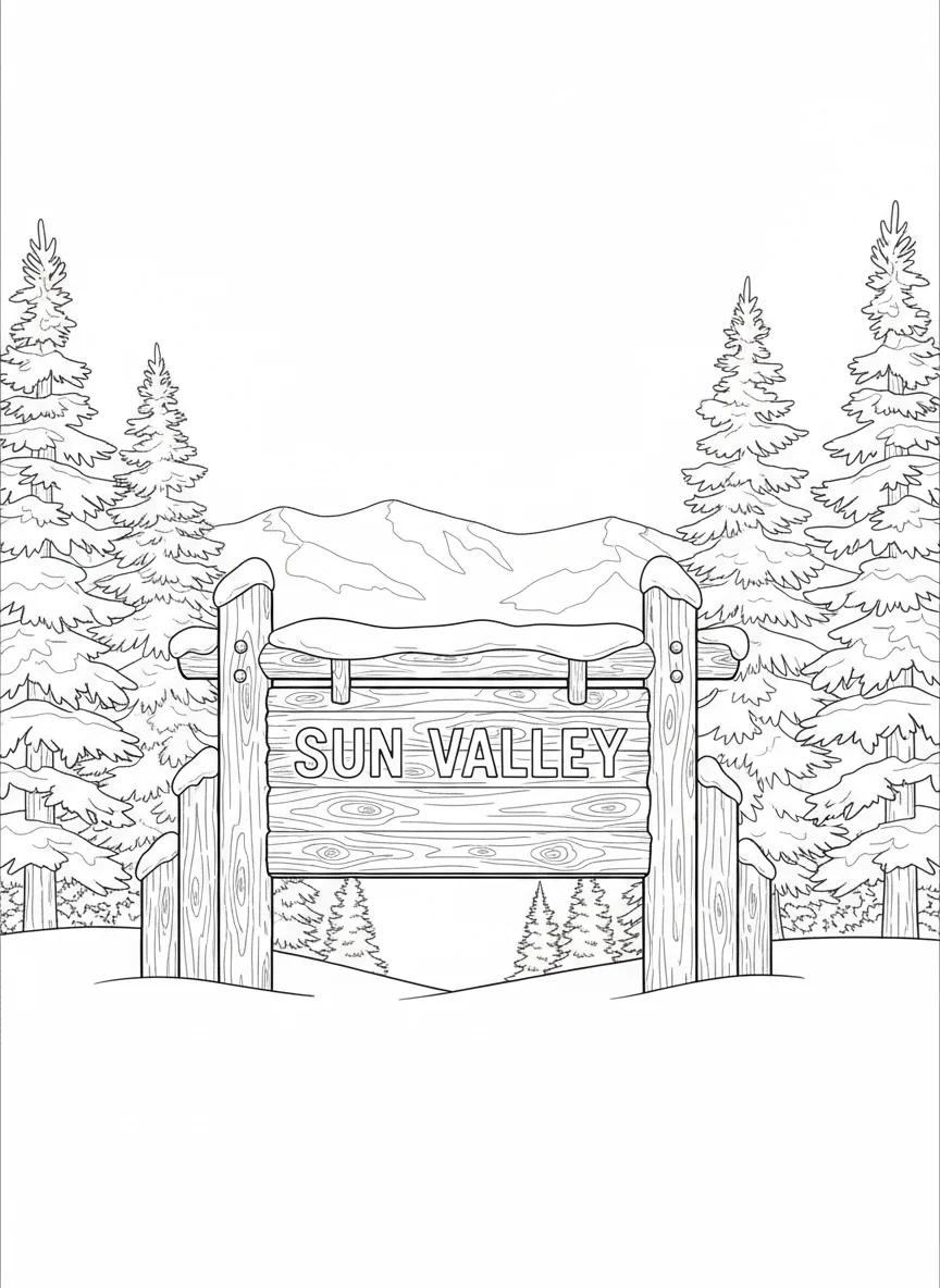 Sun Valley Idaho Winter Skiing: Adult Coloring Book - Page 1